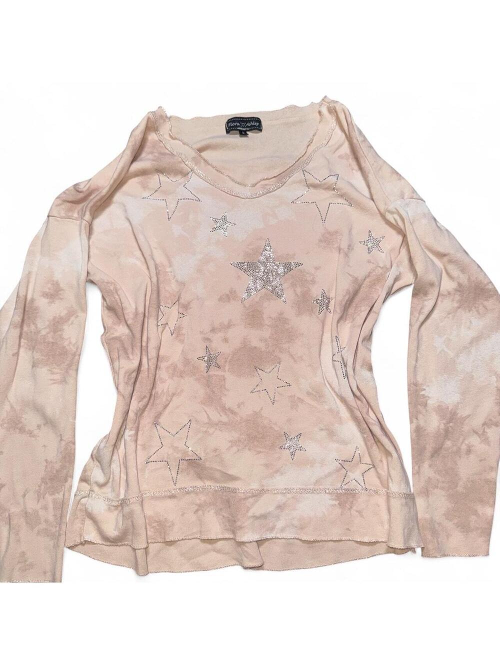 Flora Ashley Made in Italy Rhinestone Star Y2K Long Sleeve Top Size S